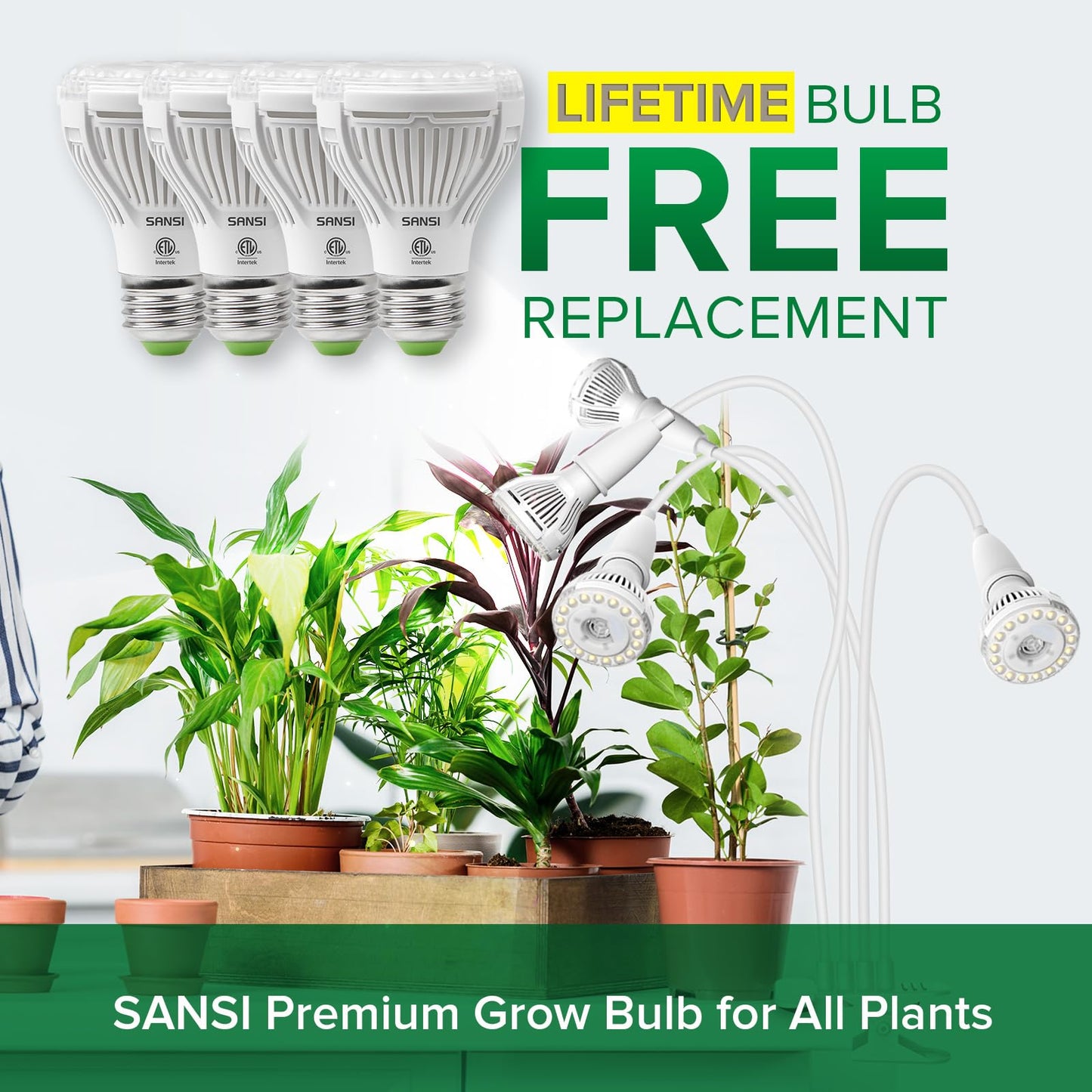 SANSI LED Grow Lights for Indoor Plants, 600W Full Spectrum Clip-on Gooseneck Grow Light with Ceramic Tech.,40W Plant Light for Indoor Growing High PPFD, Lifetime Free Bulb Replacement White, No Timer