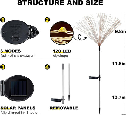 2 PCS Solar Firework Light, Outdoor Solar Garden Decorative Lights 120 LED Powered 40 Copper Wires String DIY Landscape Light for Walkway Pathway Backyard Christmas Decoration Parties (Cool White)