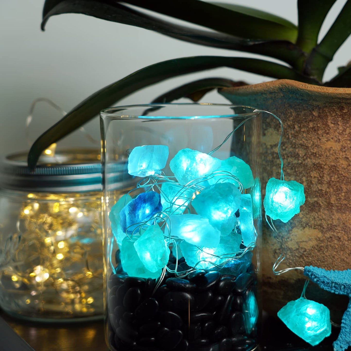 BOHON Natural Fluorite String Lights Battery Operated with Remote Sea Glass Raw Stones Decorative Lights 6.5ft 20 LEDs for Bedroom Party Indoor Christmas Wedding Decor