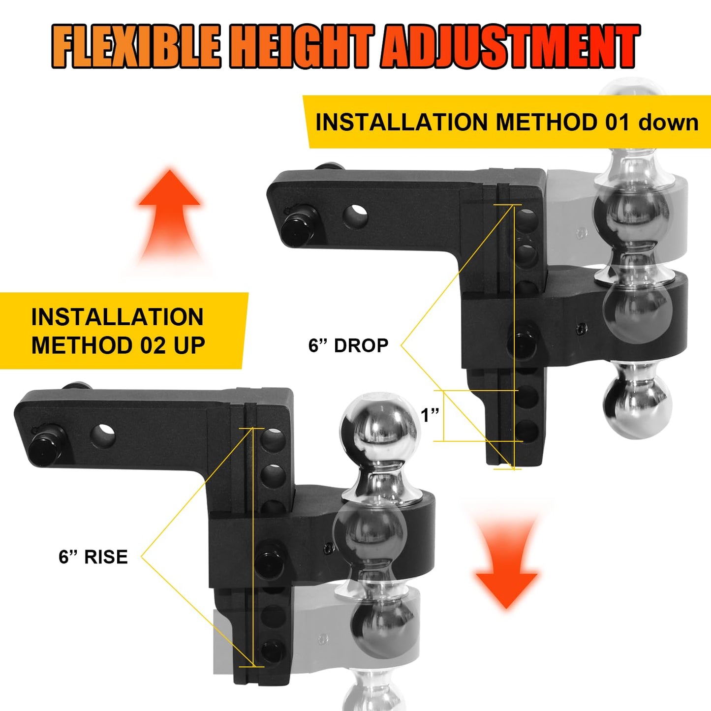 Heavy Duty Adjustable Trailer Hitch for 2" Receiver - 6" Drop & Rise, 12,500 lbs GTW, Class 3/4 Hitch for Trucks, with 3 Anti-Theft Locking Pins | Aluminum Drop Hitch