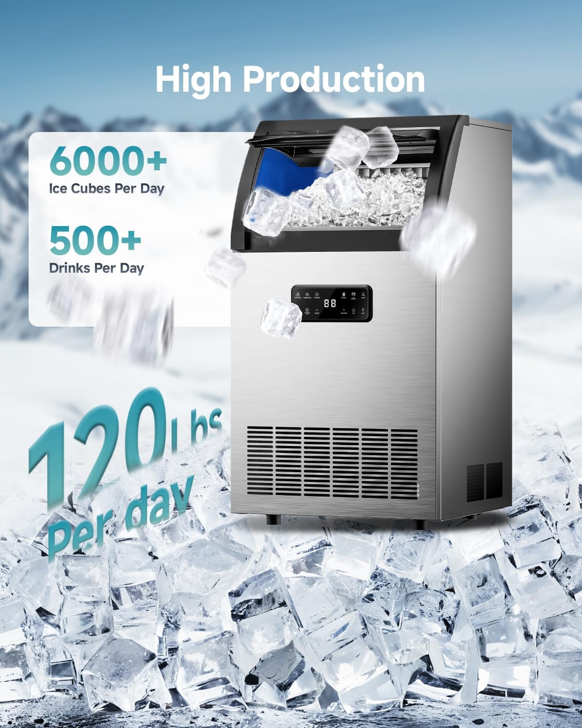 EUHOMY Commercial Ice Maker,120lbs/24H,Stainless Steel Under Counter Ice Machine with Water Filter,33lbs Storage Capacity, 45 Cubes in 8-12 Mins, Freestanding Ice Machine for Home/Bar/Cafe/Restaurant