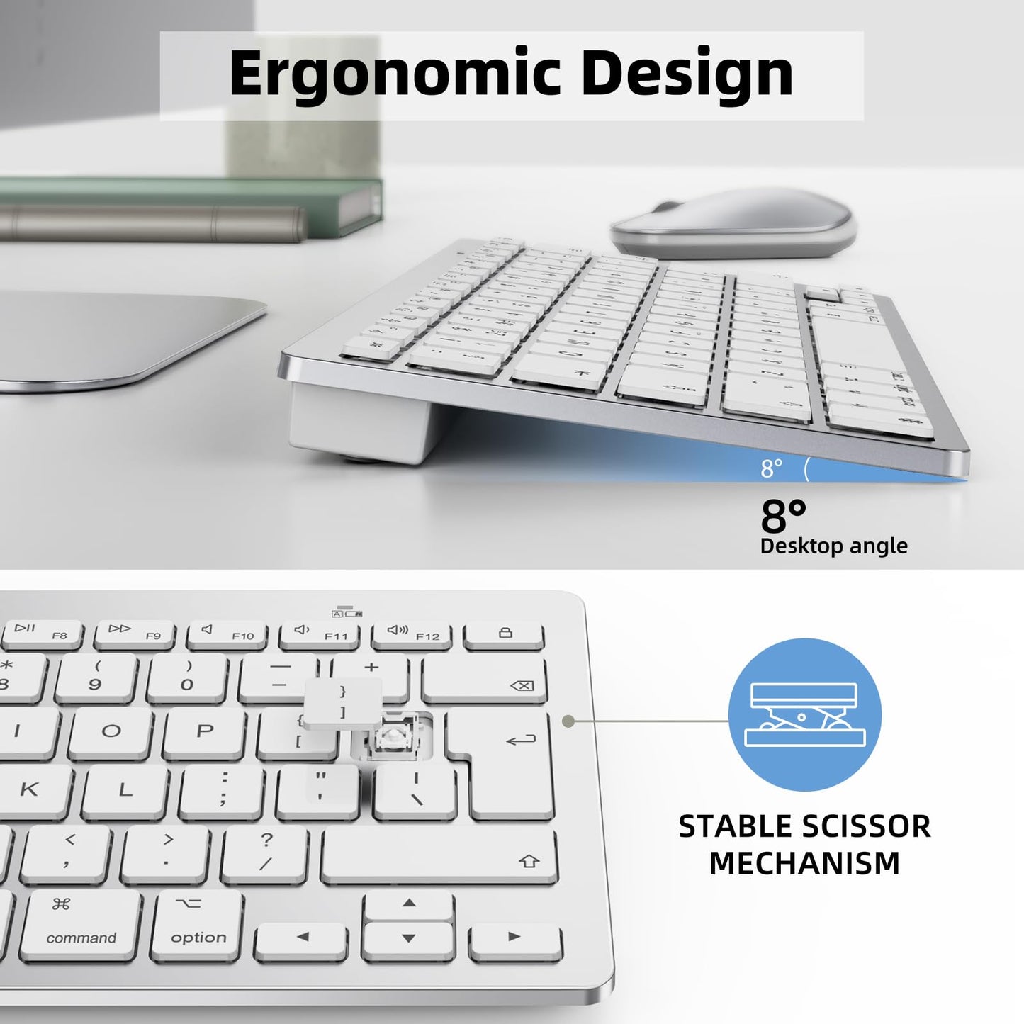 Bluetooth Keyboard and Mouse Set for Mac, OMOTON Ultra-Slim Wireless Keyboard and Mouse Combo for Apple Mac, MacBook Pro/Air, iMac, Mac Mini,Battery-powered, QWERTY UK Layout, Silver