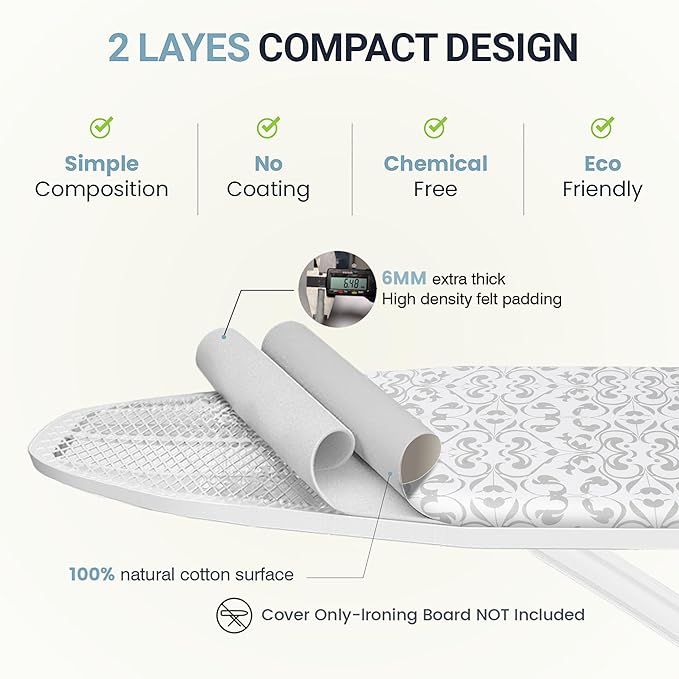 Ironing Board Cover and Pad 15"x54" Extra Thick Natural Cotton, Scorch and