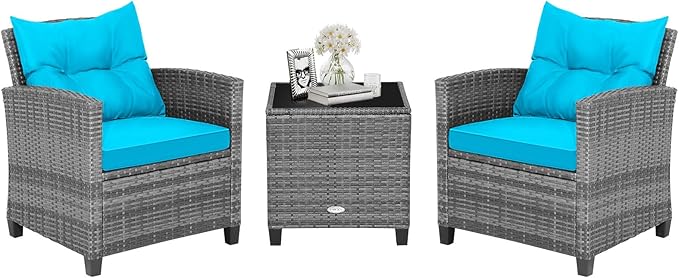 HAPPYGRILL 3 Pieces Patio Conversation Set, Outdoor Furniture Set PE Rattan