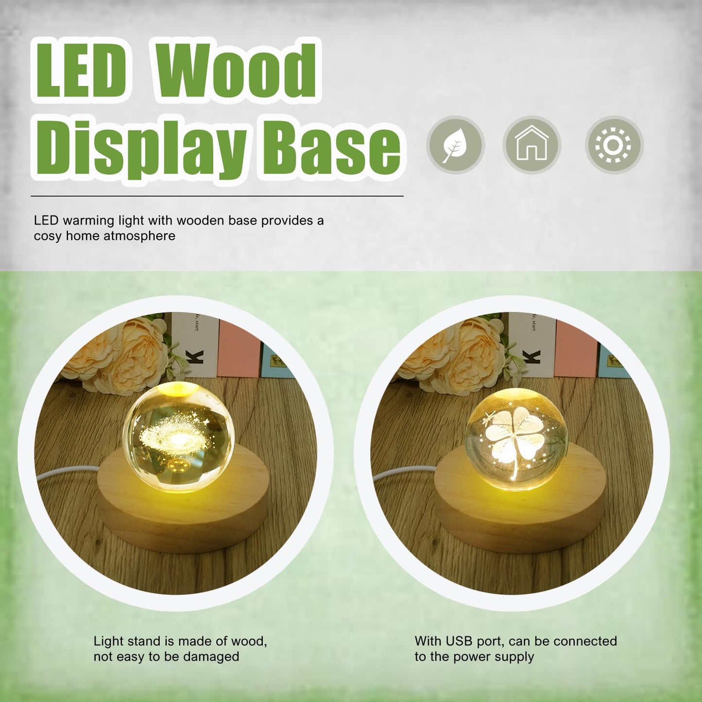 Olutacot 10 Pcs Wooden LED Display Bases Round Wood Display Lighted Bases for Glass Art LED Lighted Display Stand Bases for 3D Crystal Ball Room Office Home Decor