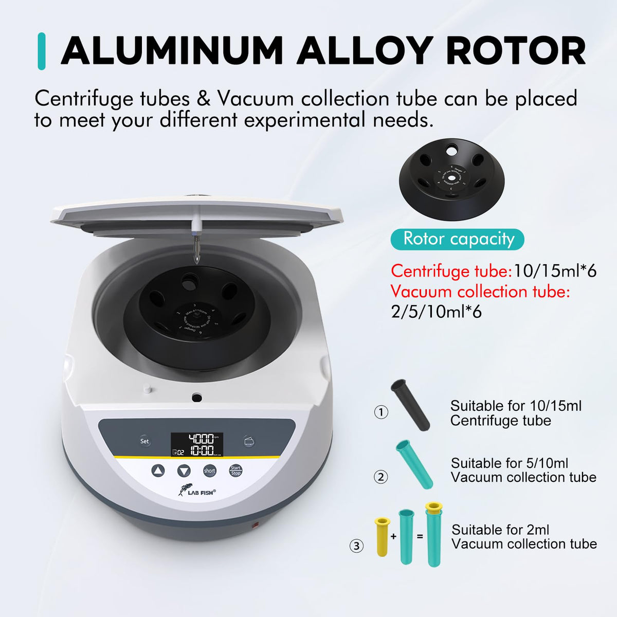 LAB FISH PRP Lab Benchtop Centrifuge Machine 6 x 2ml/5ml/10ml/15ml Capacity Test Tubes,Low Speed 500-5000r/min,Max 3074xg RCF