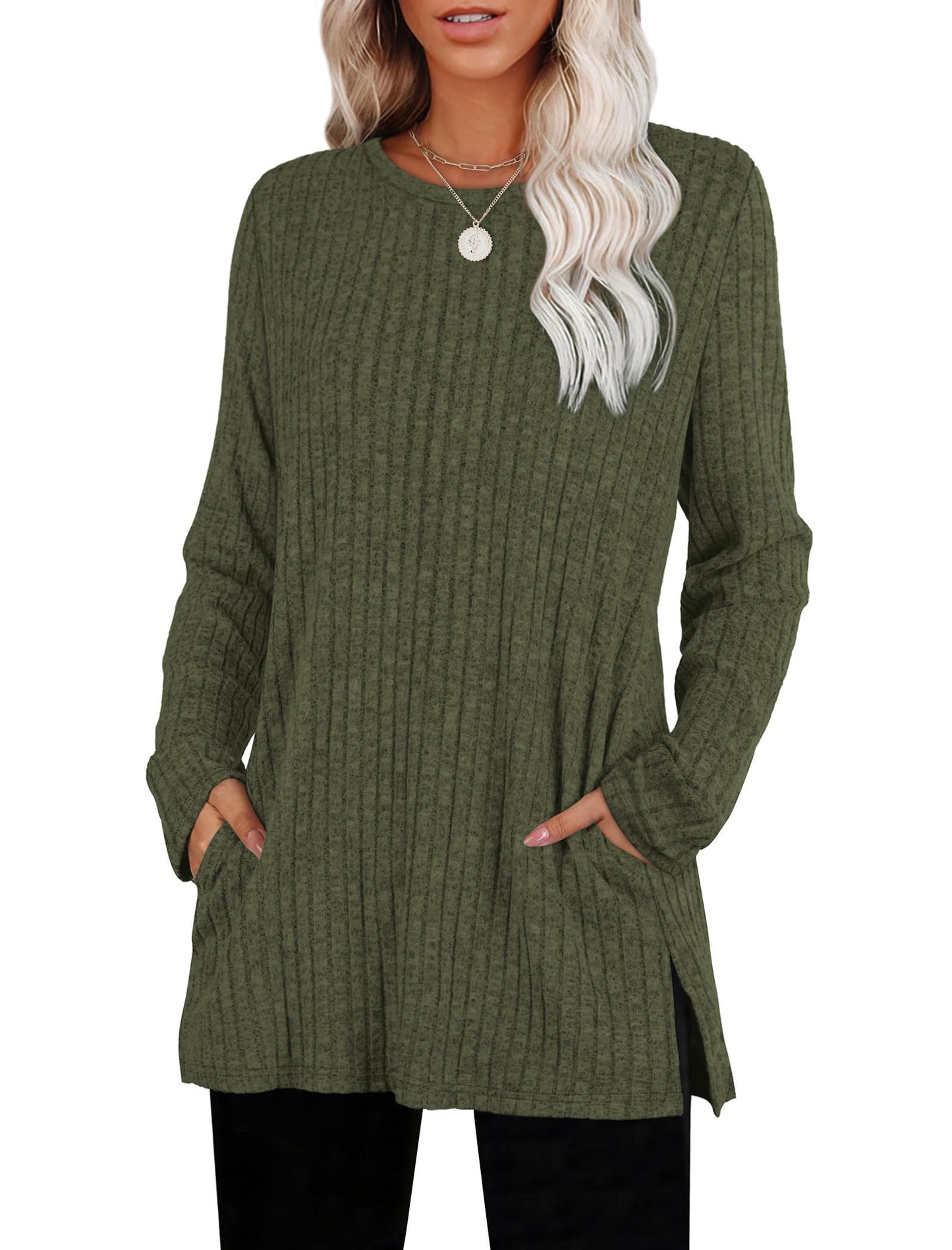SAMPEEL Womens Sweaters Crewneck Long Sleeve Shirts with Pockets Fall Outfits 2025 Fashion Winter Clothing Side Slit