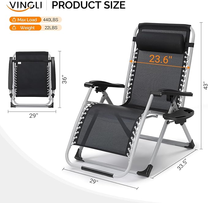 VINGLI 29" Padded Zero Gravity Chair, Lounge Chair with Removable Cushion & Tray， Folding Reclining Patio Chairs， Recliner Chair for Lawn，Indoor Outdoor-Blue