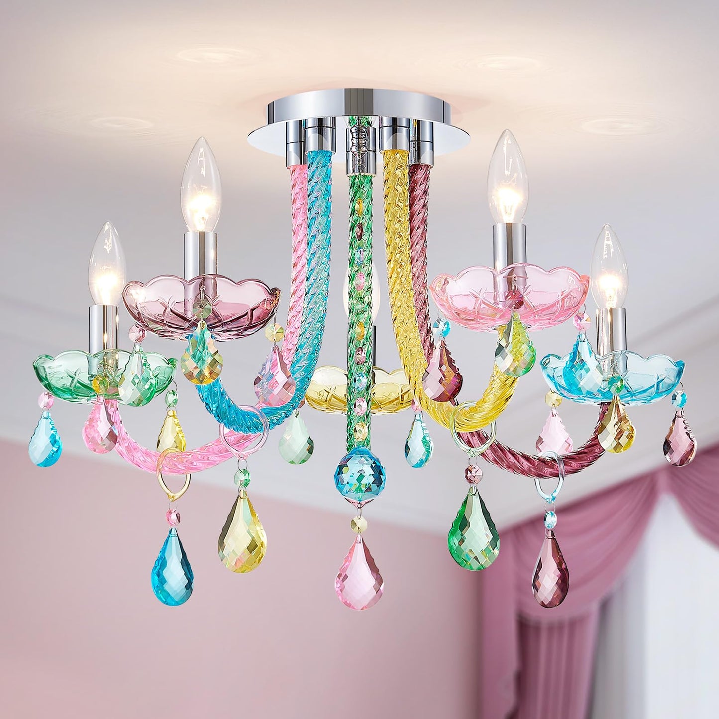 ElegLumi 5-Light Children Candle Chandeliers, Modern Candy Design Flushmount Light Fixture for Bedroom, Dining Room, Kitchen, Bathroom, D22×H16 inch, Clear Rainbow Color Finish & K9 Crystal