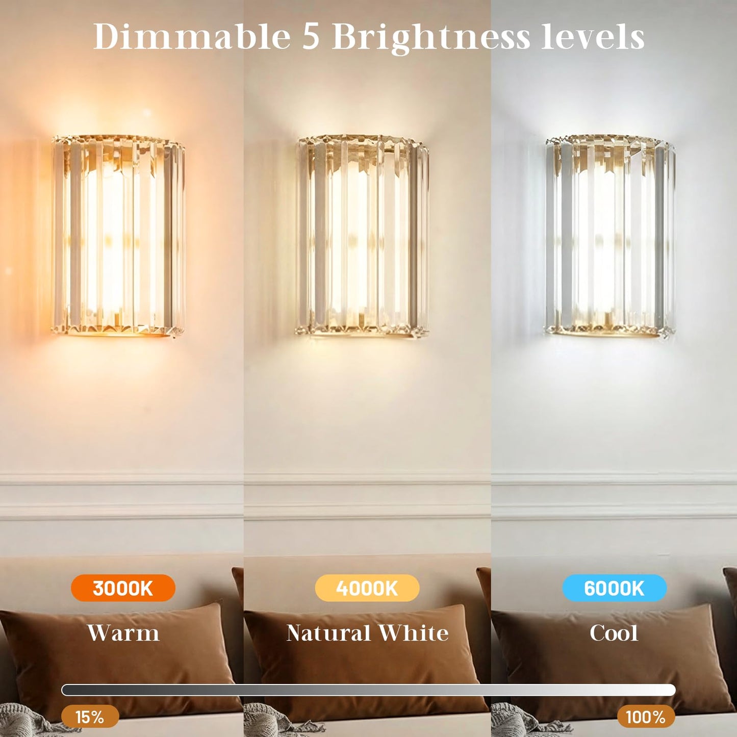 Keep Shinning Gold Battery Operated Wall Sconces Set of Two, Crystal Wireless Wall Lights with Remote, Rechargeable Cordless Wall Lamps 12 RGB and 3 CCT Dimmable Decor for Bedroom Living Room Hallway
