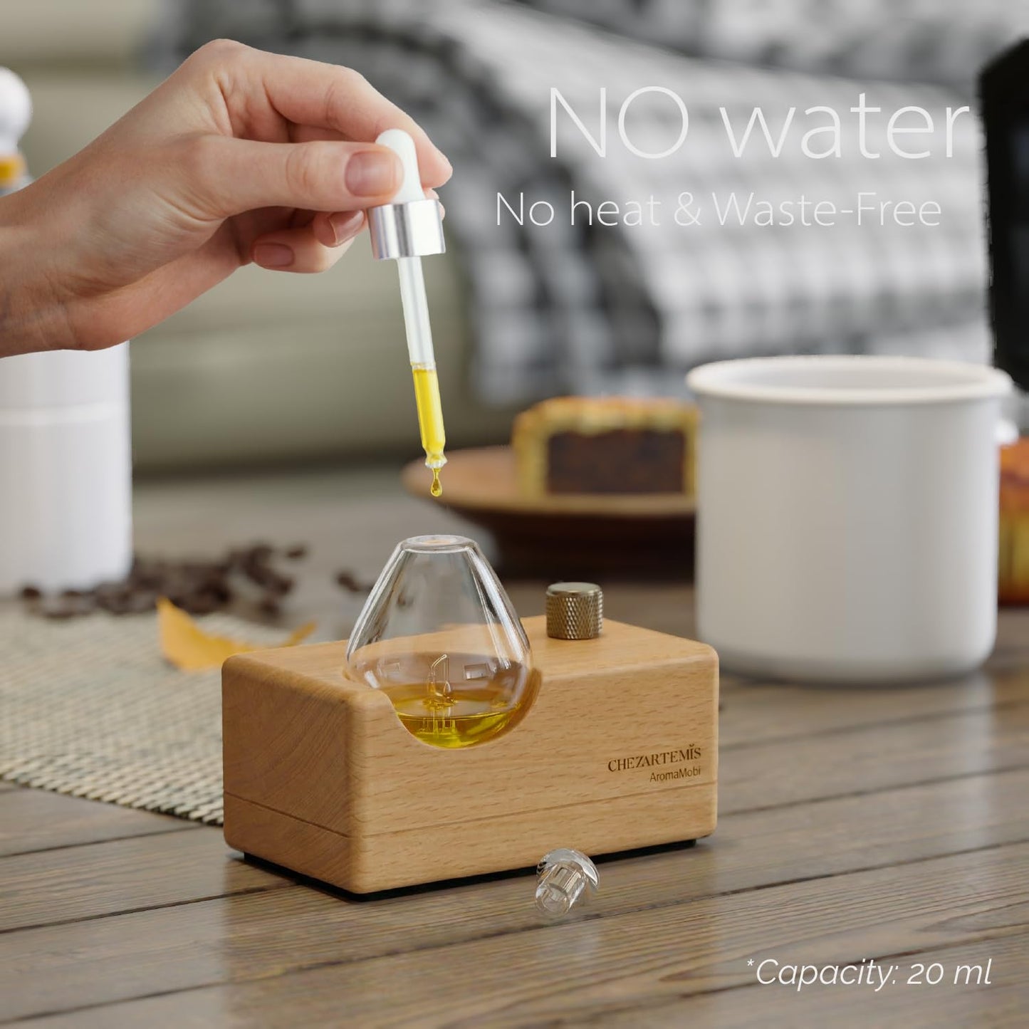 Waterdrop Glass Essential Oil Diffuser with Handmade Wood Base for Aromatherapy, Waterless Scent Diffuser for Yoga Home Office, Portable & Cordless Oil Nebulizer with LED & Timer, Gift of Fragrance