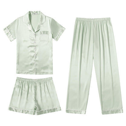 Ekouaer Silk Pajamas for Women Set Satin Pjs Soft Short Sleeve Button Down Sleepwear 3 Piece Loungewear S-XXL