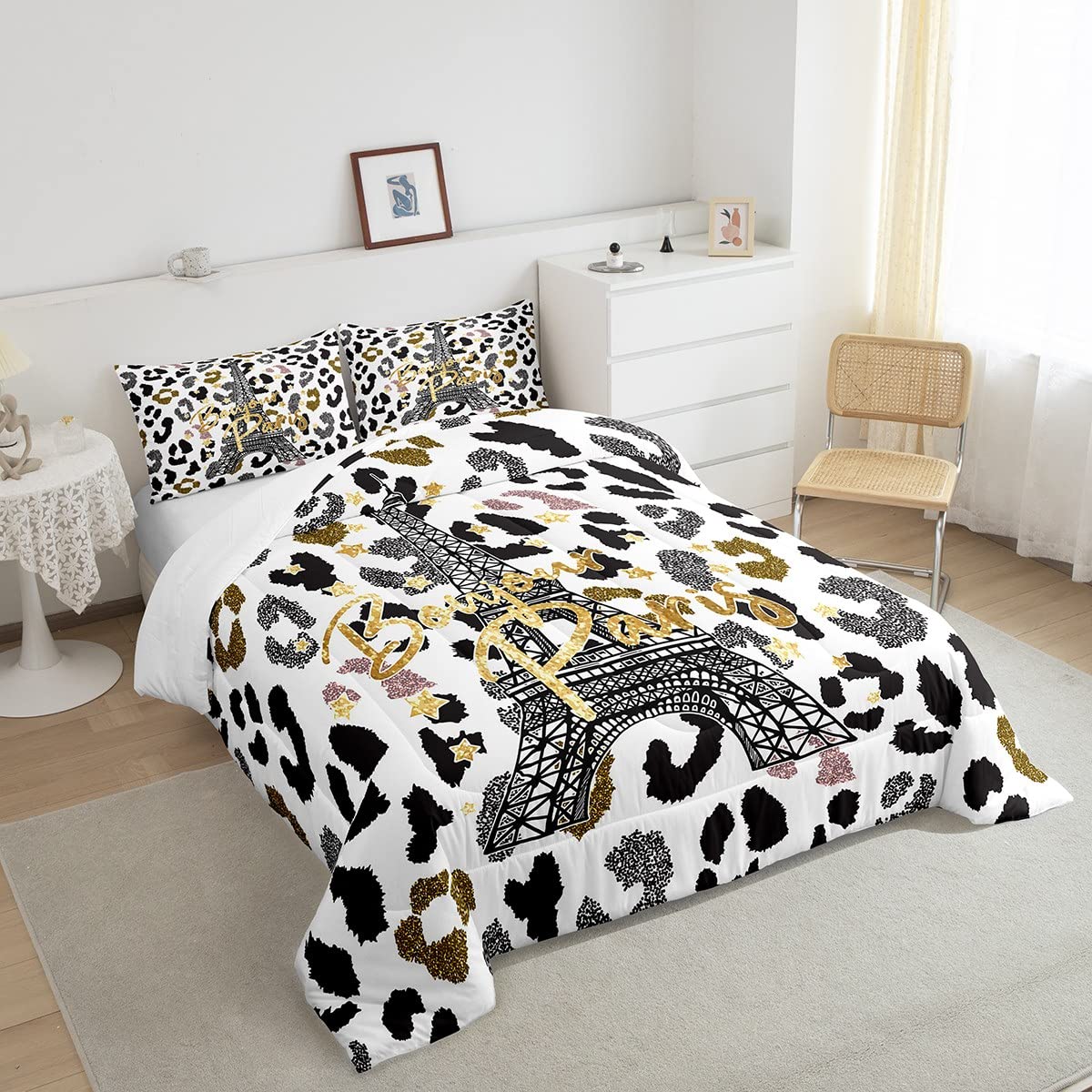 Feelyou Eiffel Tower Comforter Set Leopard Print Bedding Set for Kids Boys Girls Paris Tower Comforter Cheetah Print Quilt Set 1 Comforter Set with 2 Pillowcases Queen Size