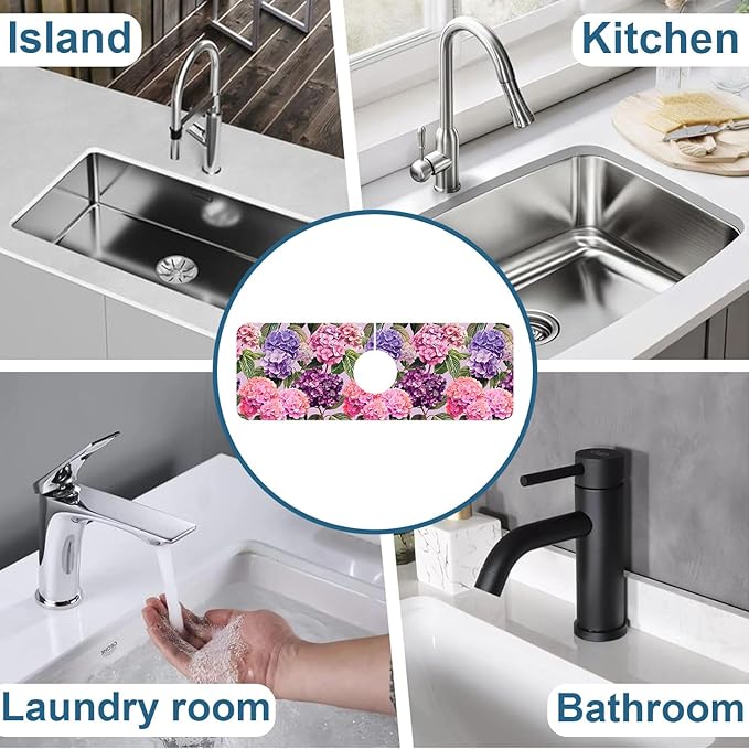Colorful Hydrangea Sink Splash Guard Faucet Mat Purple Pink Hydrangea Super