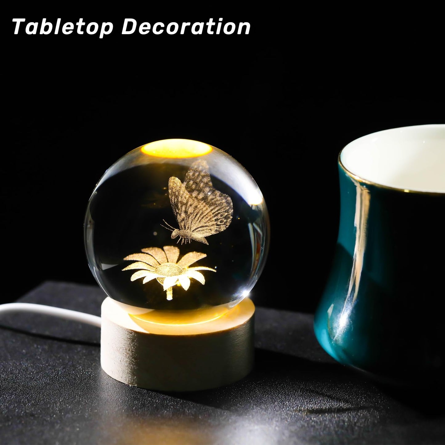 Arikyrist 3D Crystal Butterfly Figurines with Wooden Base, 3D Butterfly Crystal Ball Night Light Collection Gifts, Home Decor