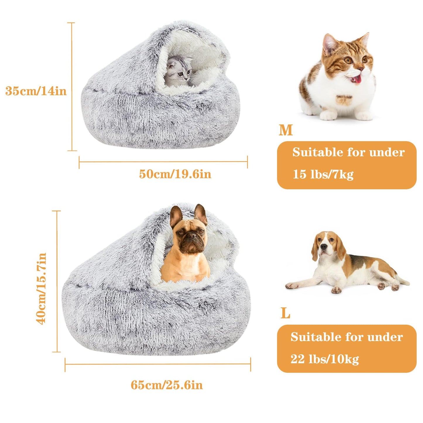 SUOXU Calming Cat Bed Small Dog Bed,Warm Cosy Soft Plush Winter Indoor Cat Cave Bed,Anti Slip Bottom Machine Washable Anti-Anxiety Hooded Pet Bed Sofa Bed for Puppy/Small Medium Large Cats(under 10kg)