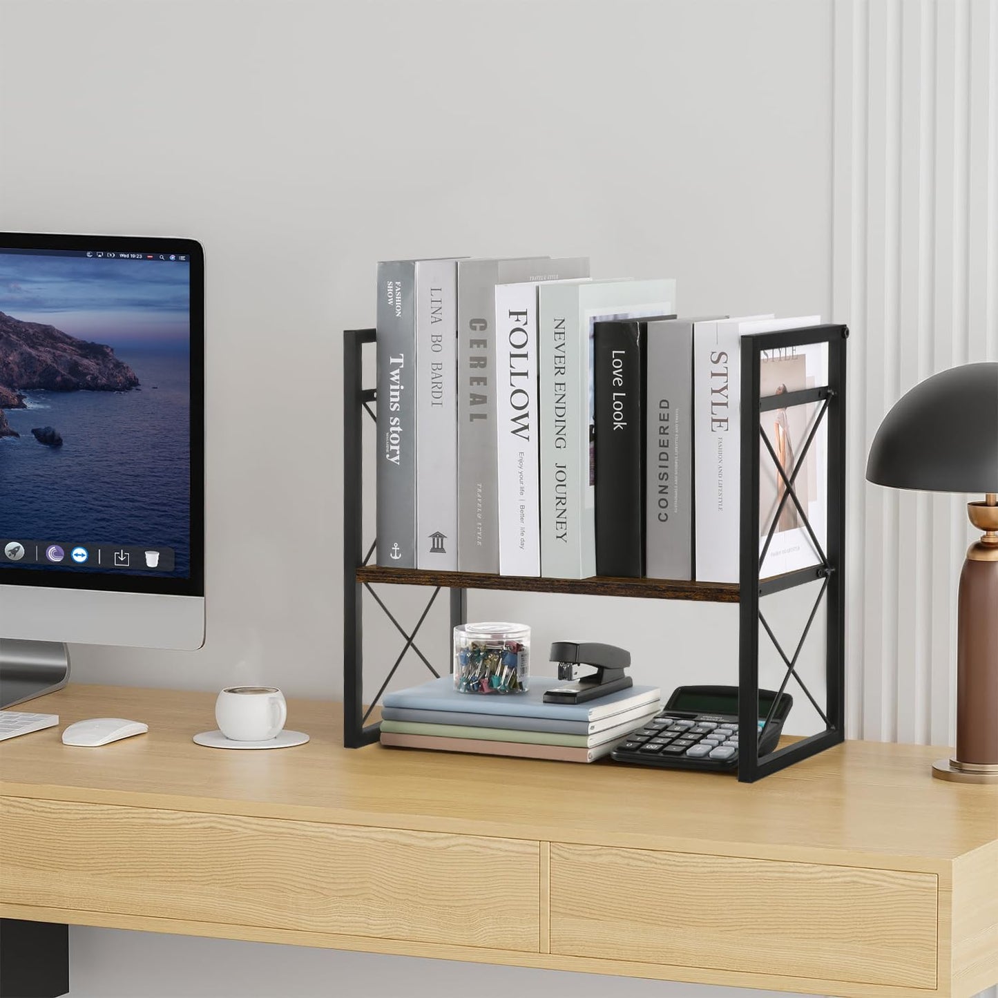 YINMIT Desktop Shelf Organizer, 2 Tier Office Shelves, Wood Desk Organizer Storage Rack and Freestanding Display Shelf for Office, Dormitory, Home