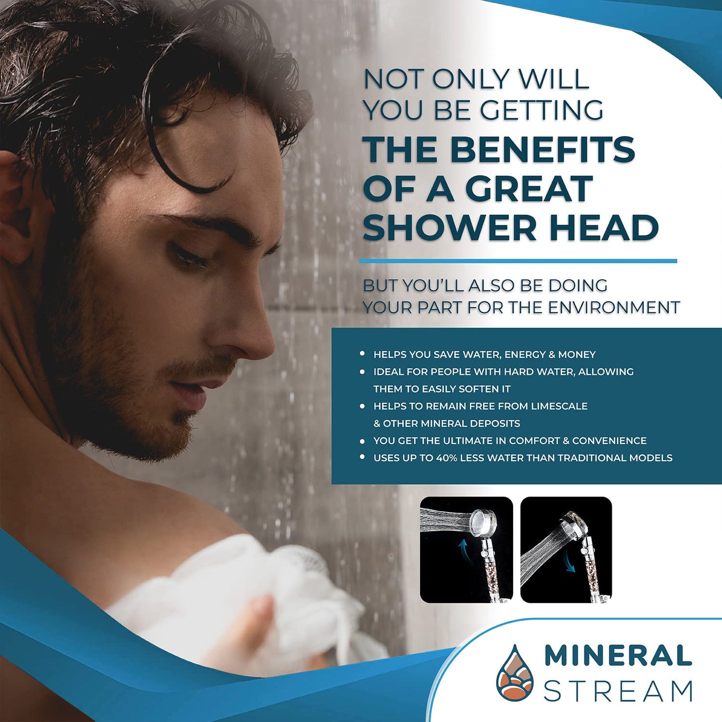 Turbo High Pressure Handheld Shower Head by MineralStream with Mineral Stones for Filtration | Perfect for Dry Hair & Skin | 360 Degree Spin Showerhead for Spa like Experience at Home