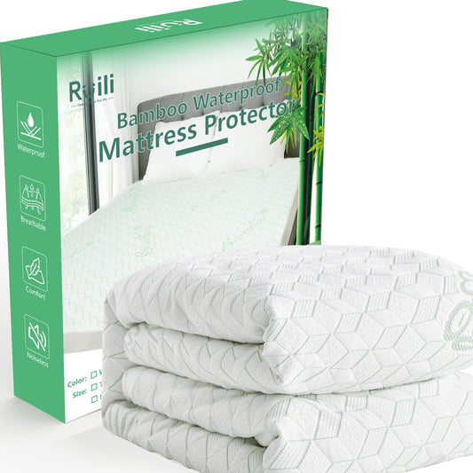 King Waterproof Mattress Protector Washable Mattress Padded Cover Rayon Bamboo Fitted King Size Bed Protection Noiseless Plastic Bed Pad Deep Pocket Up 18“ Soft&Breathable