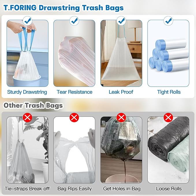 Small Trash Bags 4 Gallon with Drawstring, 1.1 Mil 15 Liter White Thick