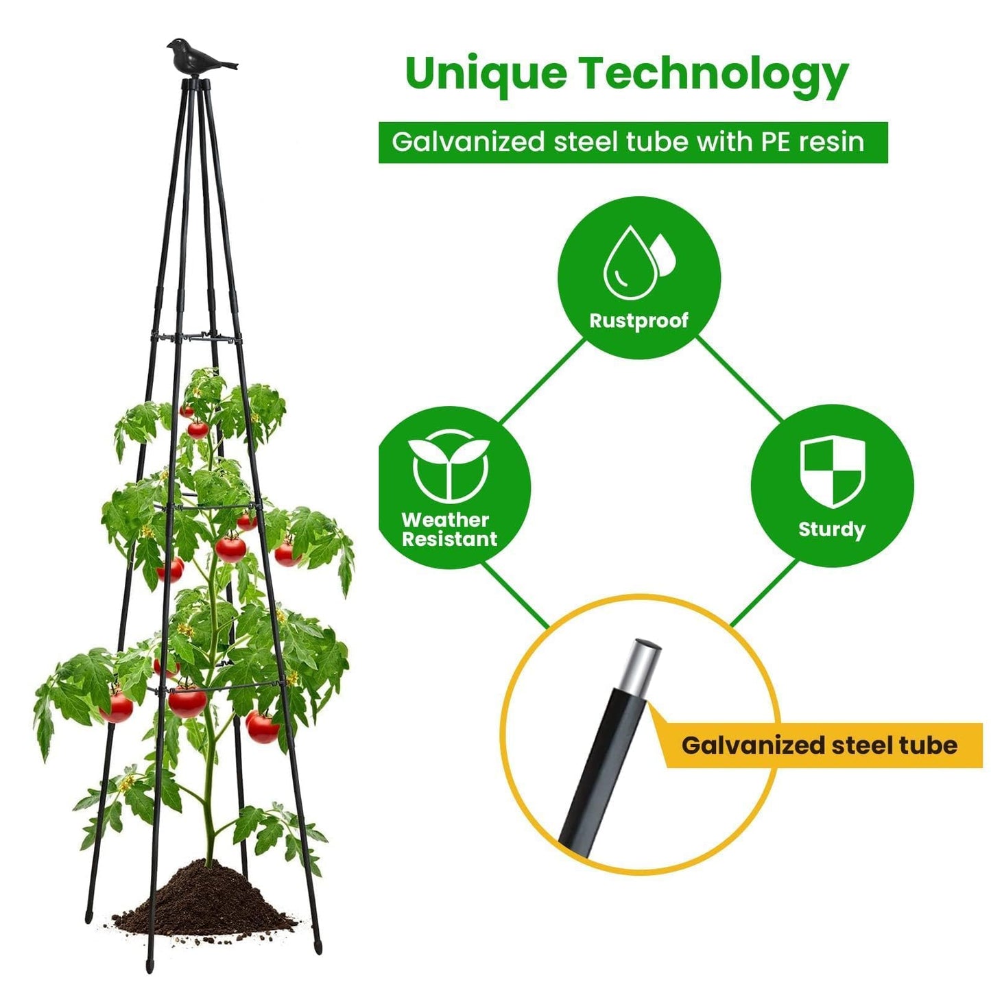 FOLLOOK Cucumber Trellis, 67" Tall Obelisk Garden Trellis for Climbing Plants Outdoor Plastic-Coated Metal Support for Flower Vine Vegetable Tomato Cage Cucumebr Trellis Raised Bed, Black, 2 Pack