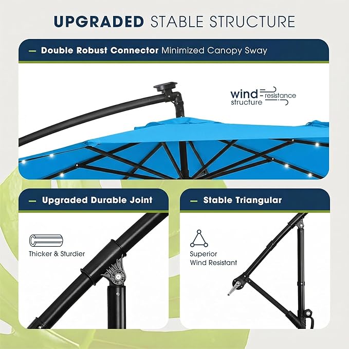wikiwiki 10ft Solar LED Patio Umbrella with Base Included, Offset Umbrella with Sandbag Base, Cantilever Patio Umbrellas for Backyard, Garden & Deck, 32 LED Lights & Polyester Shade, Royal Blue