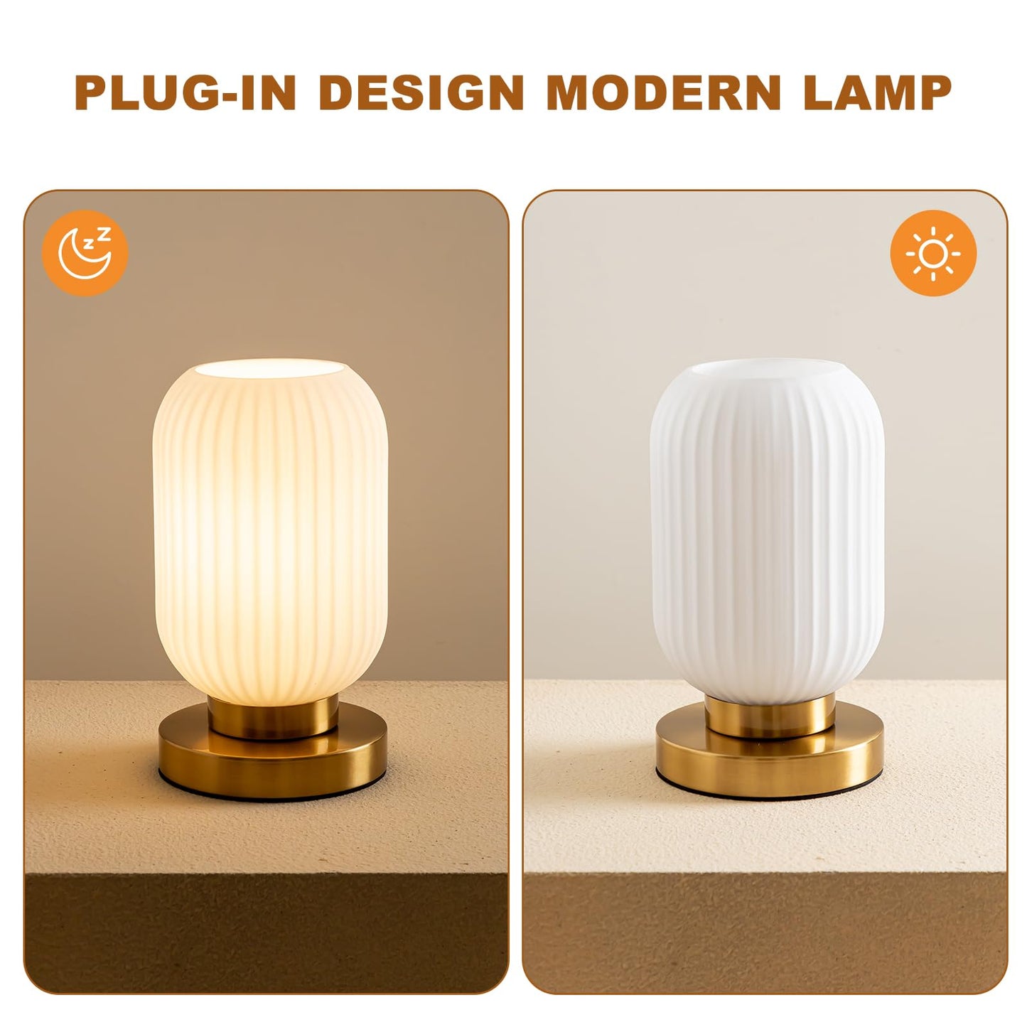 HSMKL Modern Ribbed Glass Table Lamps Mid Century Bedside Light Small Nightstand Lamp with Plug-in Style, E26 Ambient Lighting for Bedroom Living Room Tabletop, Milky White