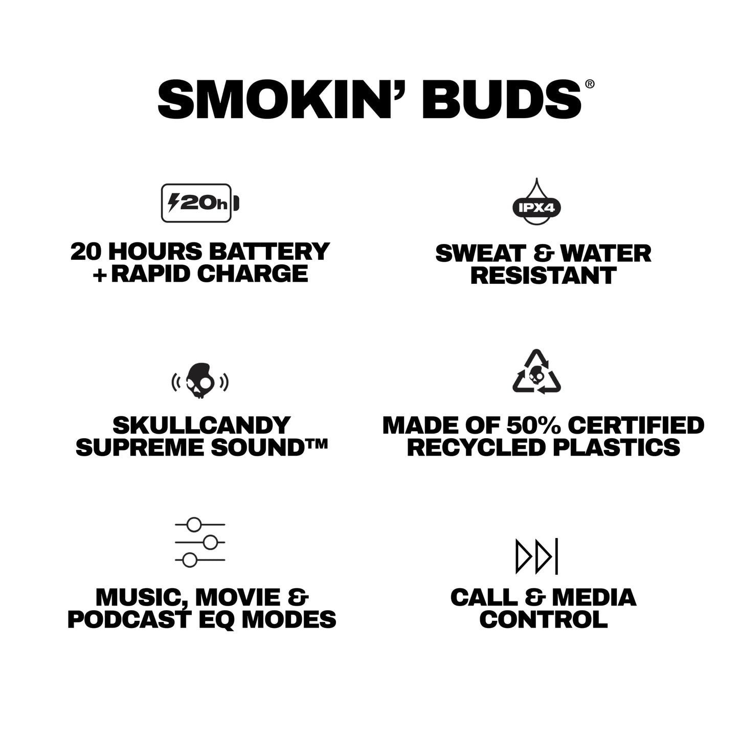 Skullcandy Smokin’ Buds Wireless Earbuds, Bluetooth Headphones, Noise Isolating Fit, Up to 20 Hours Battery, IPX4 Sweat and Water Resistant, Microphone for iPhone Android - Pink