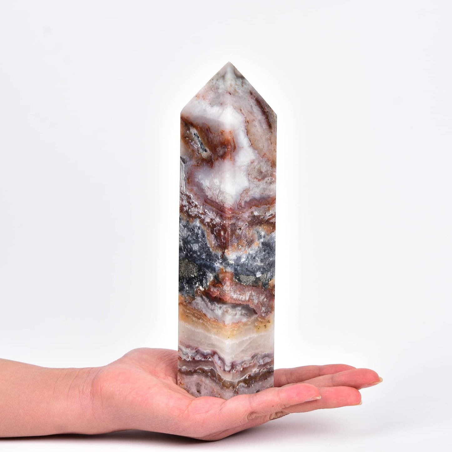 JIC Gem Large Gemstone Healing Crystal Points Wand Striped Agate Single Terminated Healing Crystal Obelisk Tower Wand Decor Chakra Stone 1.8-2.2 Lbs