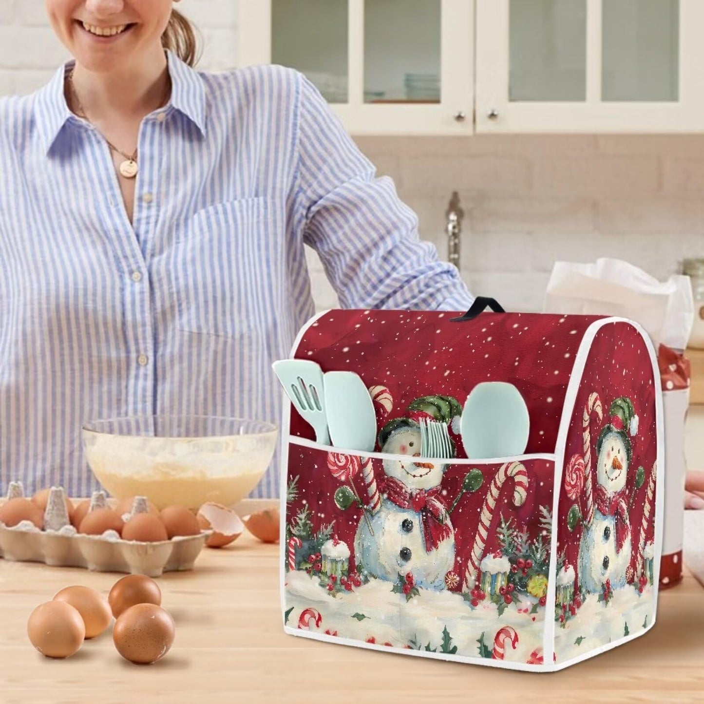 Annejudy Christmas Snowman Pattern Kitchen Aid Mixer Cover, Food Processor Cover with Top Handle and Pocket, Dust Covers for Kitchen Appliances Stand Mixer or Coffee Maker Appliance Cover