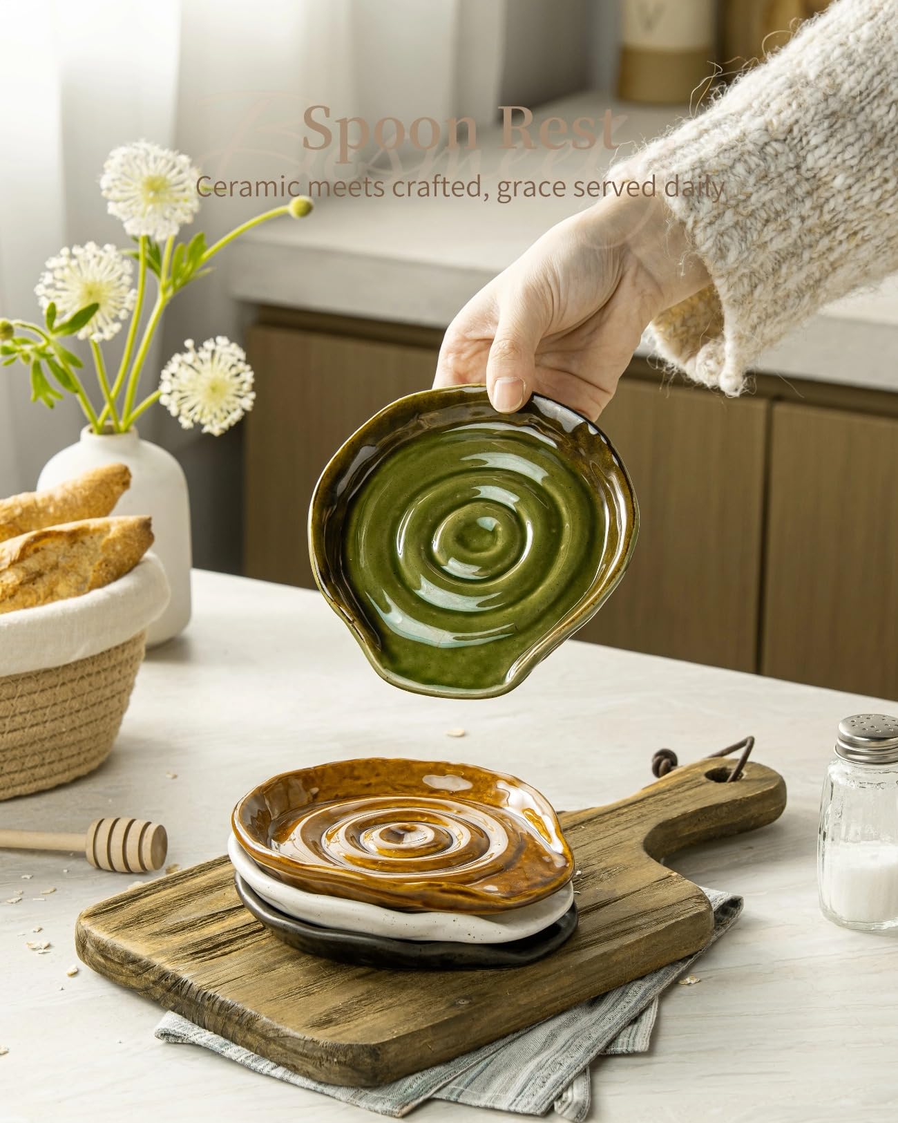 Besmeety Ceramic Spoon Rest for Stove Top, Spoon Holder for Kitchen Counter, Spatula Rest, Farmhouse Utensil Holder (Kiln Green)