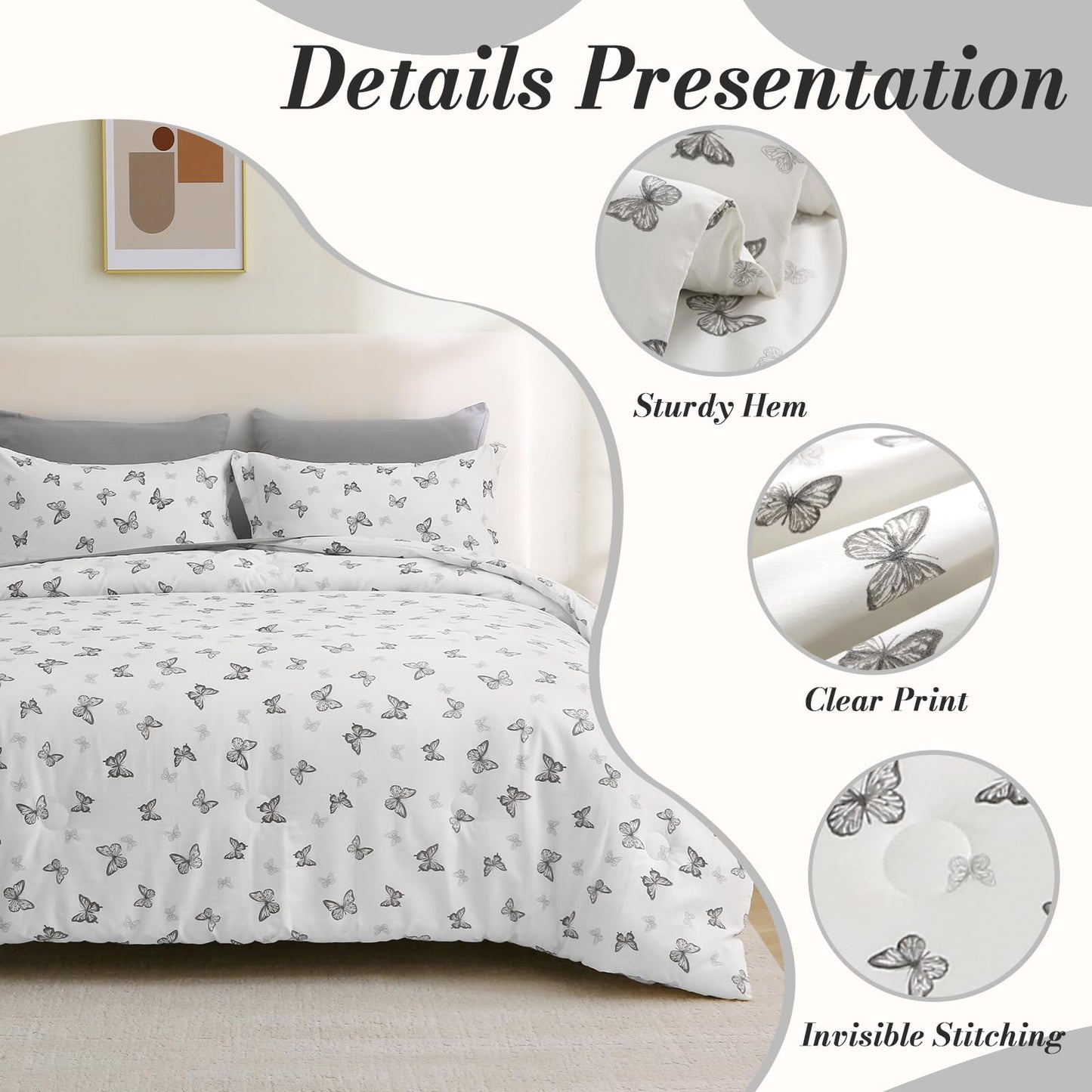 Jameswish 7 Pieces Black Butterfly Comforter Set for Girls Kids Soft Fluffy Bedding Set Twin Size Bed in A Bag as Gifts (1 Comforter, 1 Flat Sheet, 1 Fitted Sheet, 2 Pillowcase and 2 Pillow Sham)