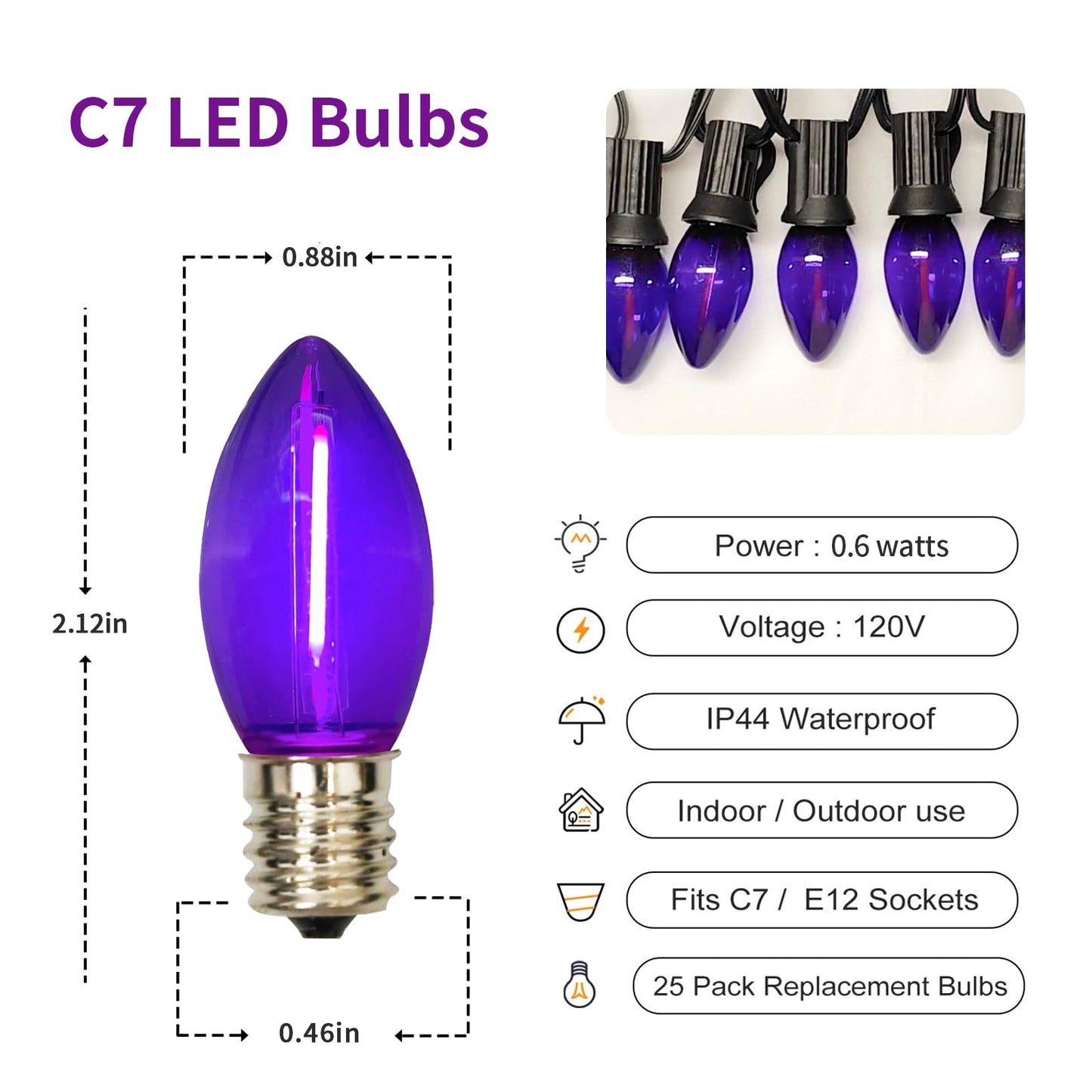 CHYParty 25 Pack C7 Replacement Bulbs, Dark Purple LED Halloween Light Bulbs for Outdoor String Lights, Patio, Christmas Decor, E12 Candelabra Base, Waterproof, Energy-Saving