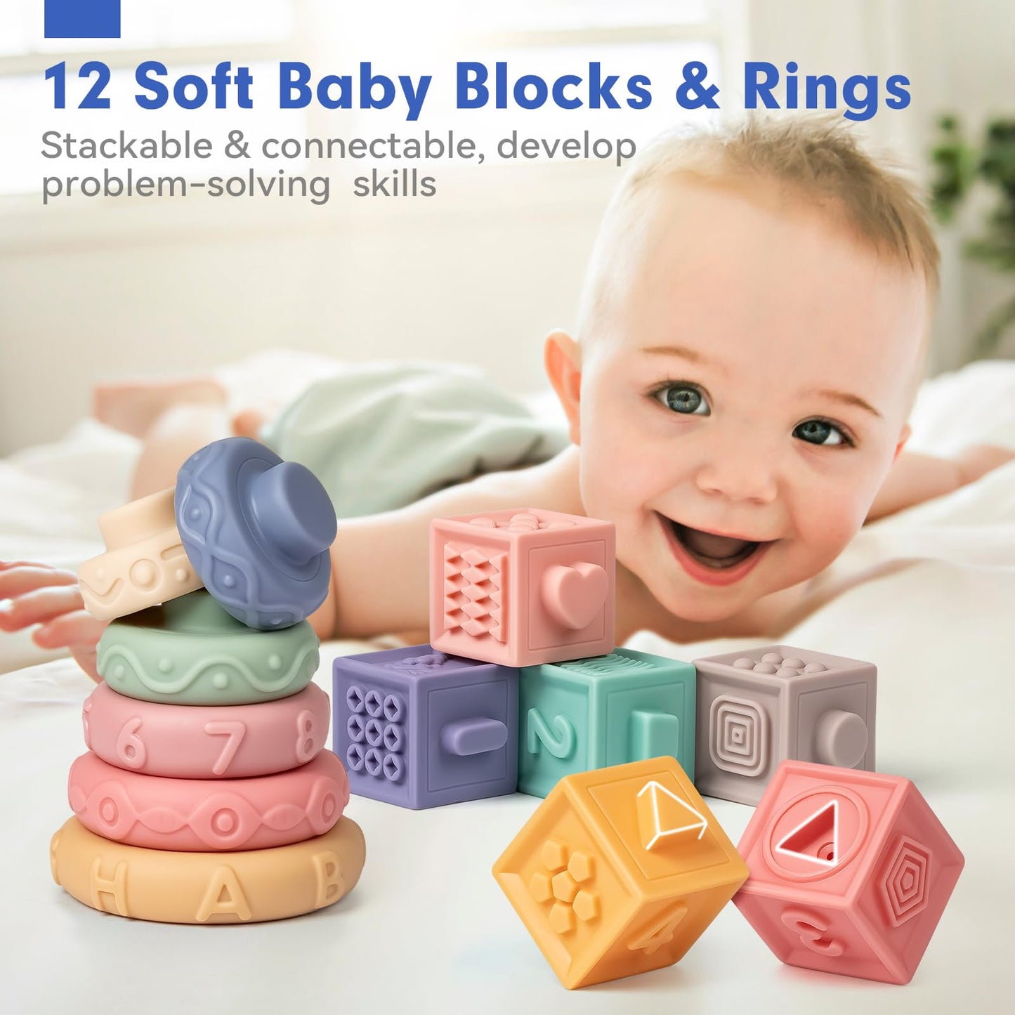 Baby Sensory Teething Toys Set, Montessori Baby Toys 6-12 Months, Incl Newborn Rattle Teether & Baby Blocks & Soft Stacking Rings, Ideal Babies Boy Girl Gifts, Infant Toys 0-3-6-9-12-18 Month
