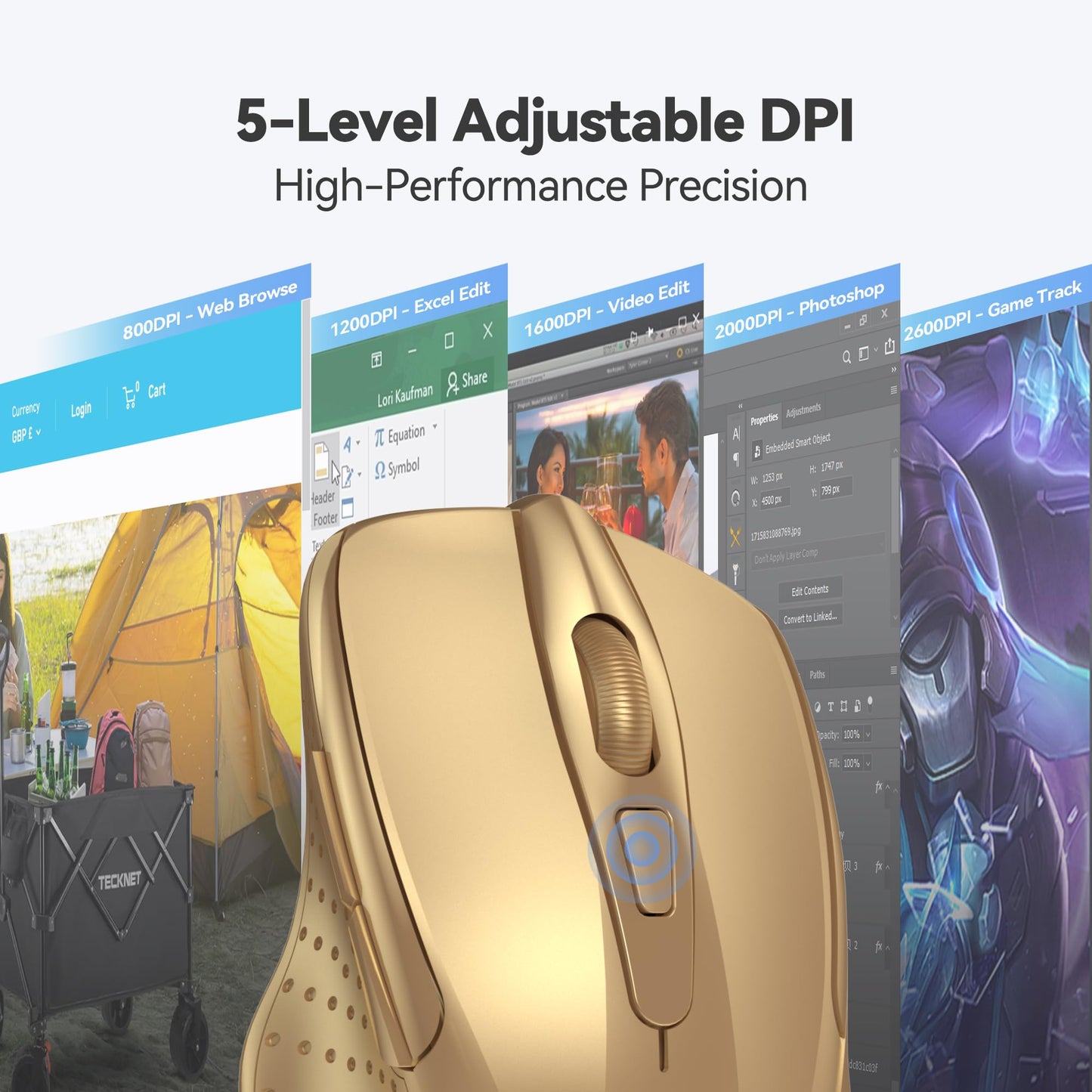 TECKNET Wireless Mouse, 2.4G Ergonomic Optical Mouse, Computer Mouse for Laptop, PC, Computer, Chromebook, Notebook, 6 Buttons, 24 Months Battery Life, 2600 DPI, 5 Adjustment Levels