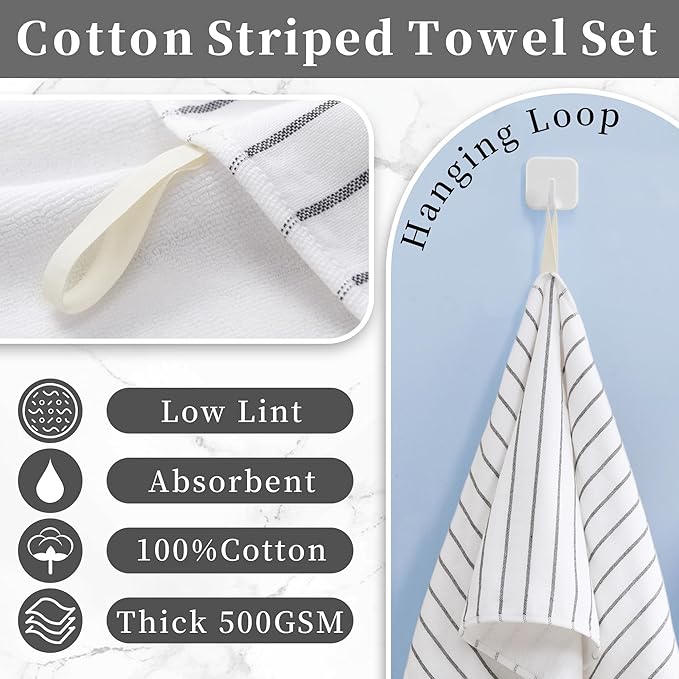 4-Pack Striped Hand Towels, thick 450GSM, Ultra-Absorbent & Quick-Drying ，100%