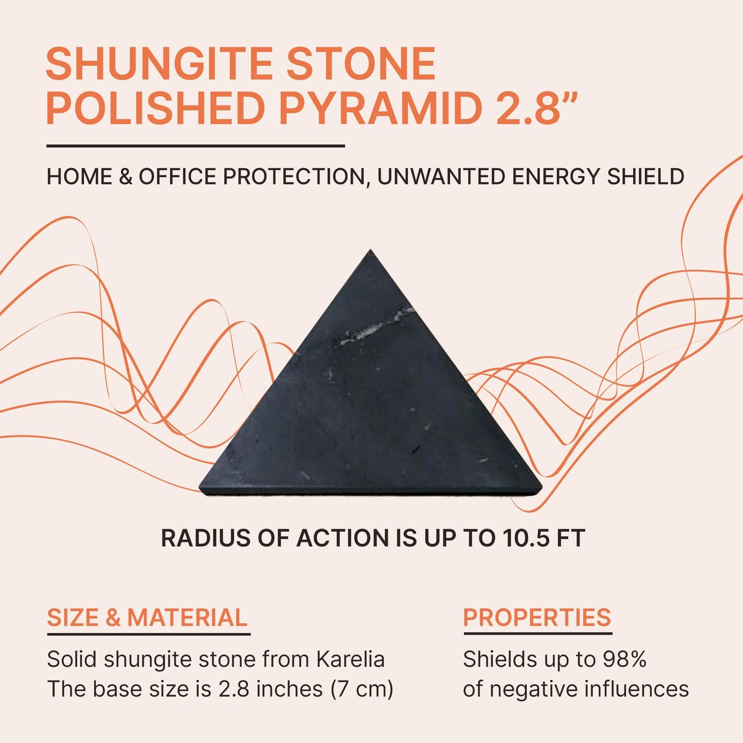 Authentic Shungite Pyramid Polished 2.8"(7cm), Premium Protection Crystals for House & Office, Karelian Black Stone Energy Pyramid for Root Chakra Meditation, Grounding & Negative Energy Blocker