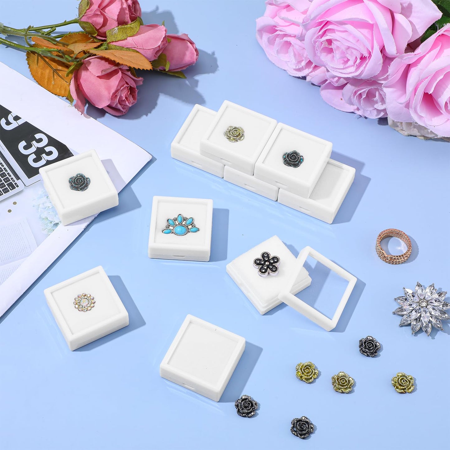 HOFURME 36 Pcs White Gemstone Display Box Jewelry Box Container with Clear Top Lids Bulk 1.6'' x1.6 x 0.6'' for Gems Diamond Coins Gift Packing Ring Home Shop (White)