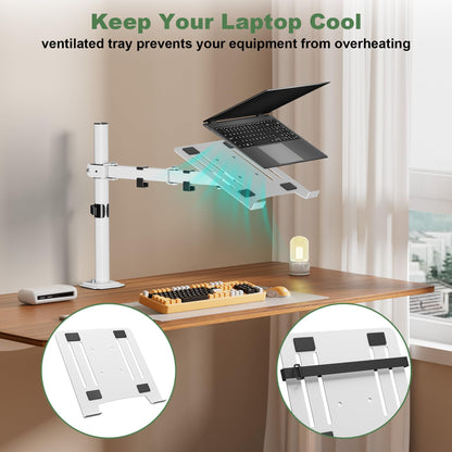Laptop Desk Mount, Single Laptop Stand Arm with Vented Tray for 17 inch Notebook or 14”-32” Monitor, Holds up to 17.6 lbs, Fully Adjustable, Clamp/Grommet Mounting, VESA 75/100mm