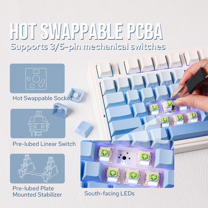 EPOMAKER x Aula F75 Gasket Mechanical Keyboard, 75% Wireless Hot Swappable Gaming Keyboard with Five-Layer Padding&Knob, Bluetooth/2.4GHz/USB-C, RGB (Light Blue, LEOBOG Reaper Switch)