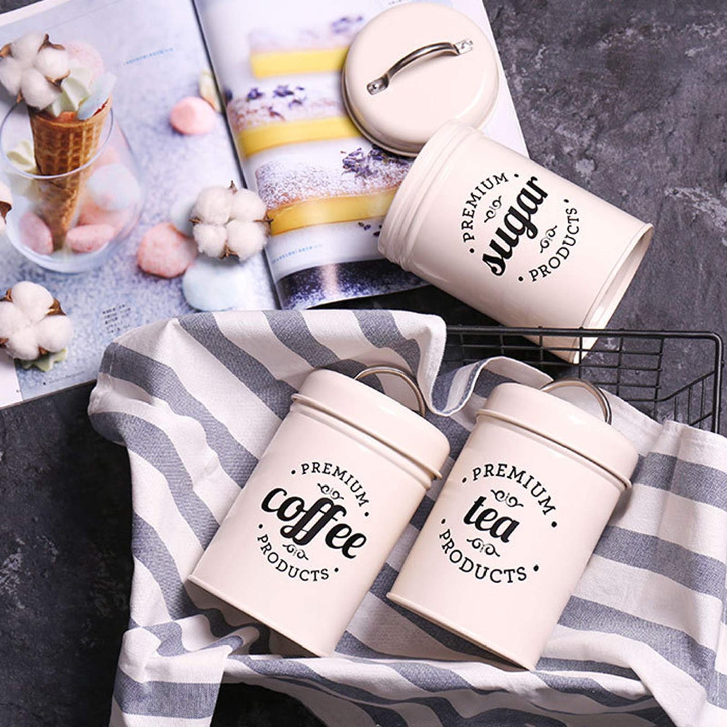 Hedume Set of 3 Airtight Kitchen Canister Decorations with Lids, Coffee, Tea, Sugar Metal Containers, Decorative Nesting Kitchen Canister Jars, Food Storage