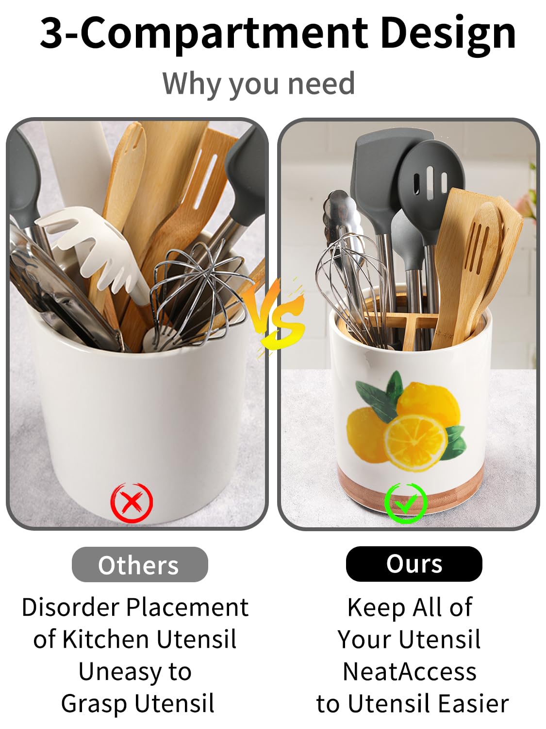 HAPPY KIT 7.6″ Extra Large Kitchen Utensil Holder Porcelain 360° Rotating Utensil Holder for Kitchen Counter with 3 Removable Compartment, Housewarming Gift & Farmhouse Decor (Lemon)