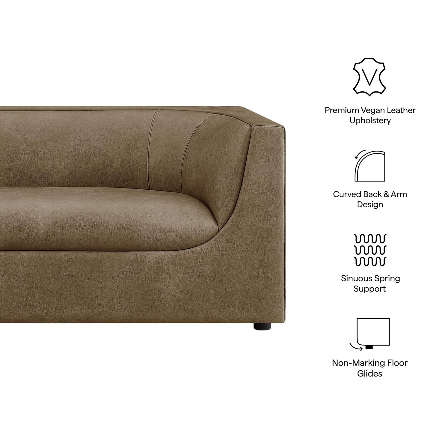 Modway Hilda 86 Inch Modern Curved Back Faux Leather Sofa in Mushroom – Vegan Leather Upholstered 3-Seat Couch for Living Room, Apartment, Office