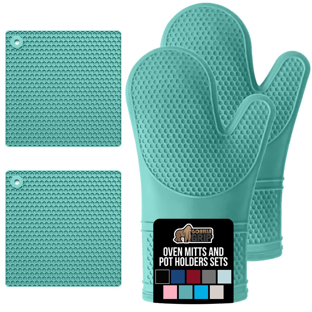 GORILLA GRIP BPA-Free Soft Silicone Oven Mitts and Pot Holders Sets, Heat Resistant Waterproof Cooking Gloves, Thick Cotton Lining, Flexible Gripping for Baking Grilling, Kitchen Trivets, Turquoise