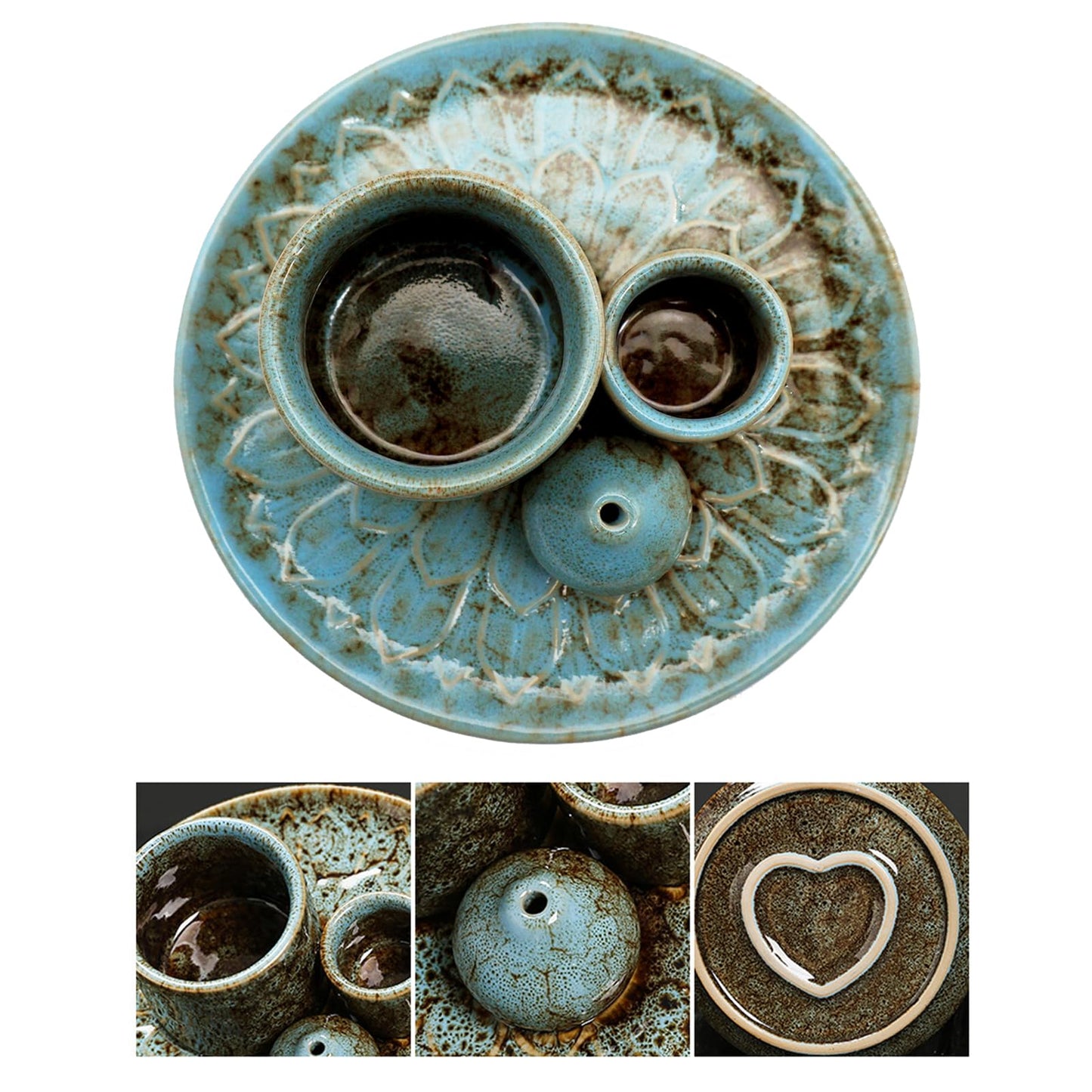 4 in 1 Multifunctional Ceramic Incense and Candle Holder with Ash Catcher Tray Suit for Burning White Sage, Palo Santo Sticks (Blue)
