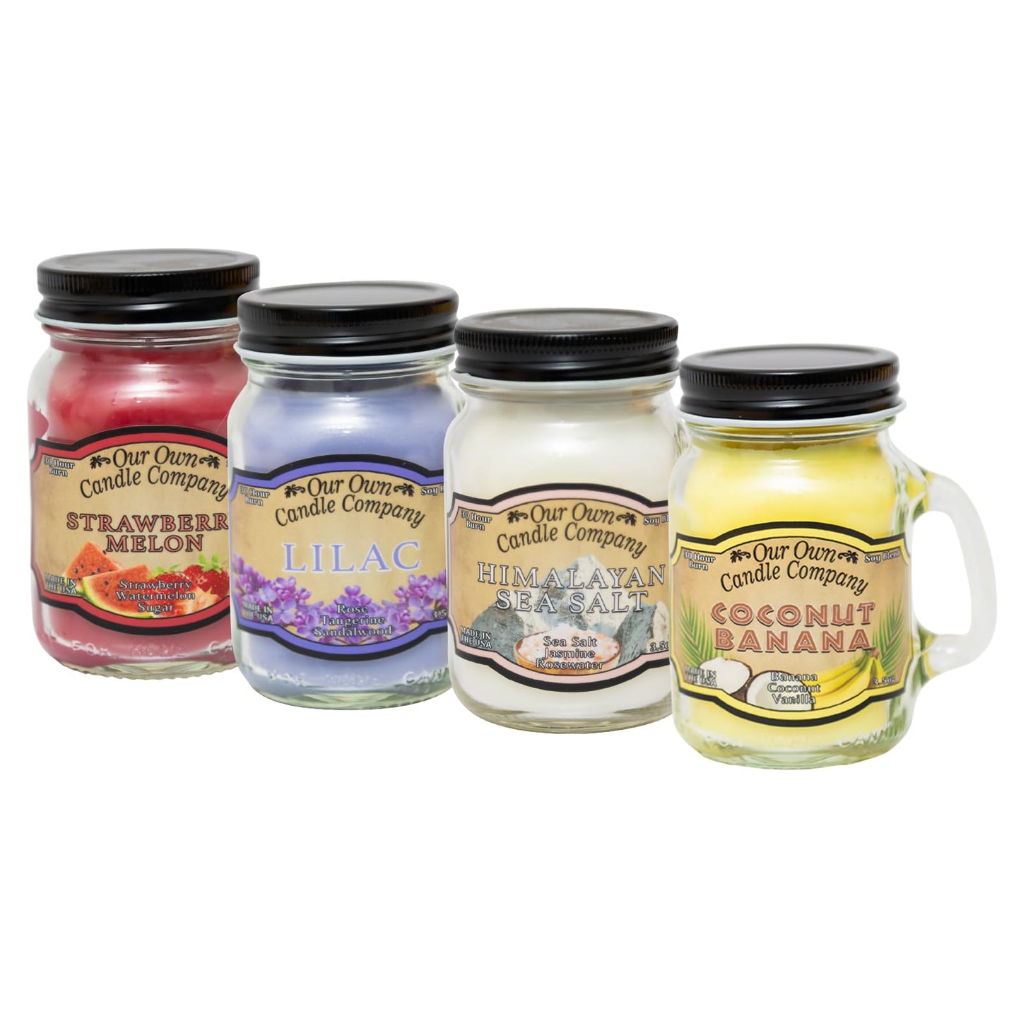 Our Own Candle Company 4 Pack Spring Assortment Mini Mason Jar Candles - 3.5 Oz Coconut Banana, Himalayan Sea Salt, Lilac, Strawberry Melon