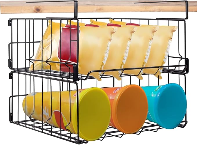 Hanging Under Shelf Storage Basket, 2 Pack Foldable Under Cabinet Metal Desk