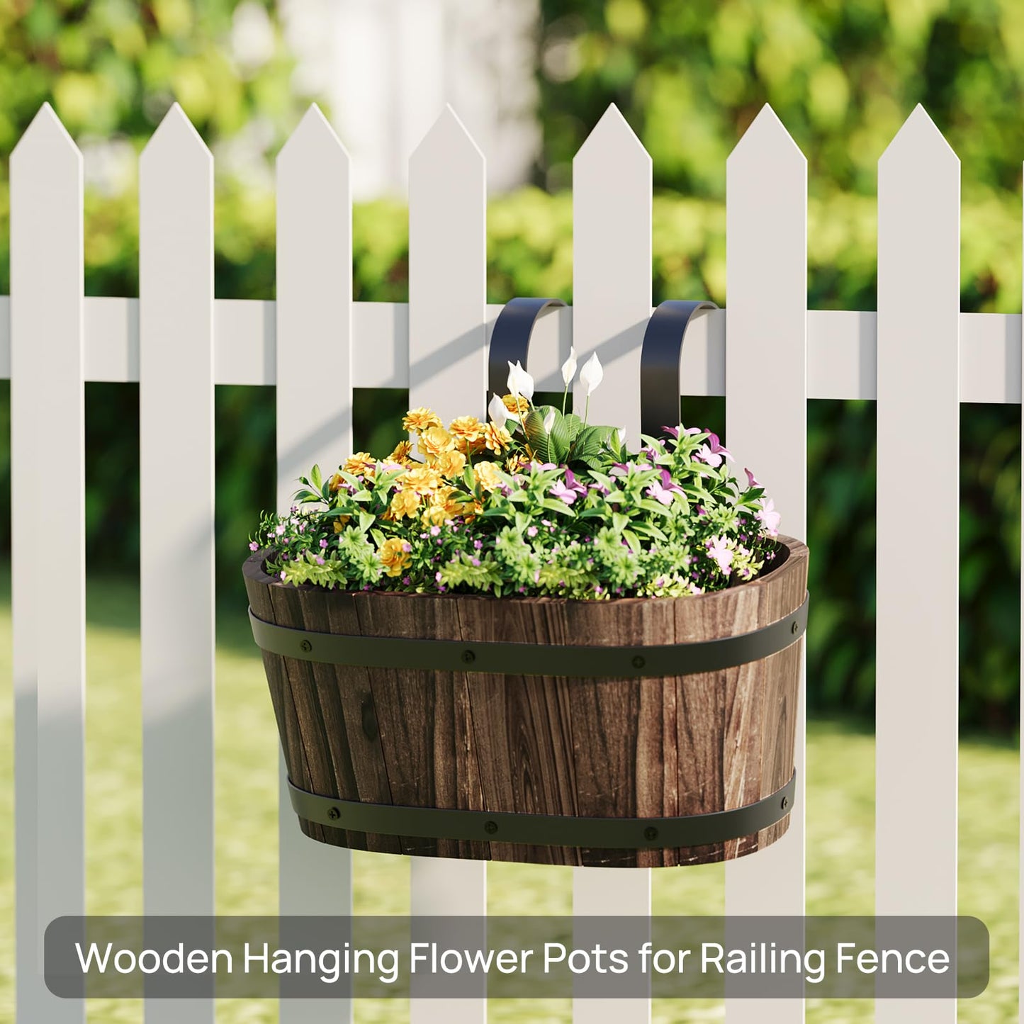 2pcs Wood Railing Planter Boxes Wooden Hanging Flower Pots for Railing Fence Outdoor Plants Wall Planters Window Flower Box Hanging Bucket Pots Countryside plant Holder (Carbonized,2pcs,Small)