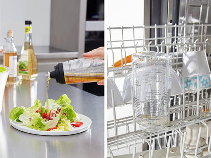 Leifheit Salad Dressing Shaker, 5 Imprinted Recipes, Glass Bottle, Non-Drip Spout, Dishwasher Safe, Black Transparent, 300 ml Measuring, Salad Dressing Pots, dressing maker
