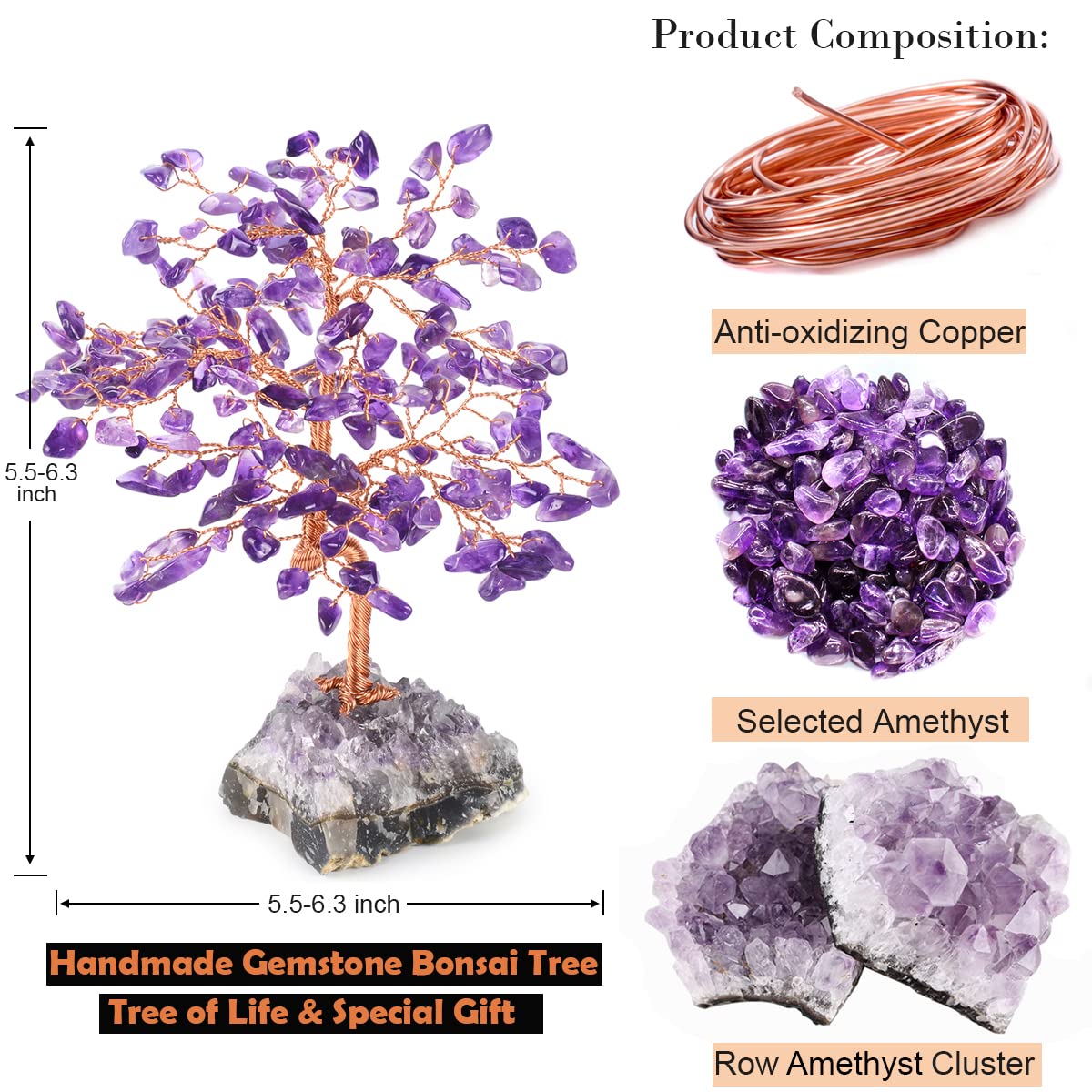 MASGEMES Handmade Chakra Gemstone Crystal Tree of Life,Natural Amethyst with Amethyst Cluster Base,Bonsai Feng Shui Decor Money Tree,Healing Crystals Positive Energy Gift Size 5.5"-6.3"